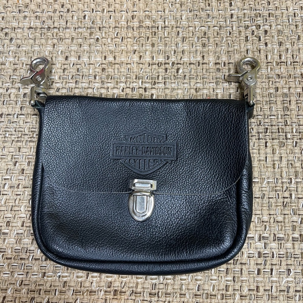 Vintage Harley Davidson Black Leather Logo Hip Belt Bag Clip Biker Pouch
